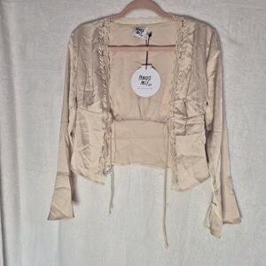 NWT Princess Polly Cream Satin Top with Lace Trim Size 2. (Has Stains)